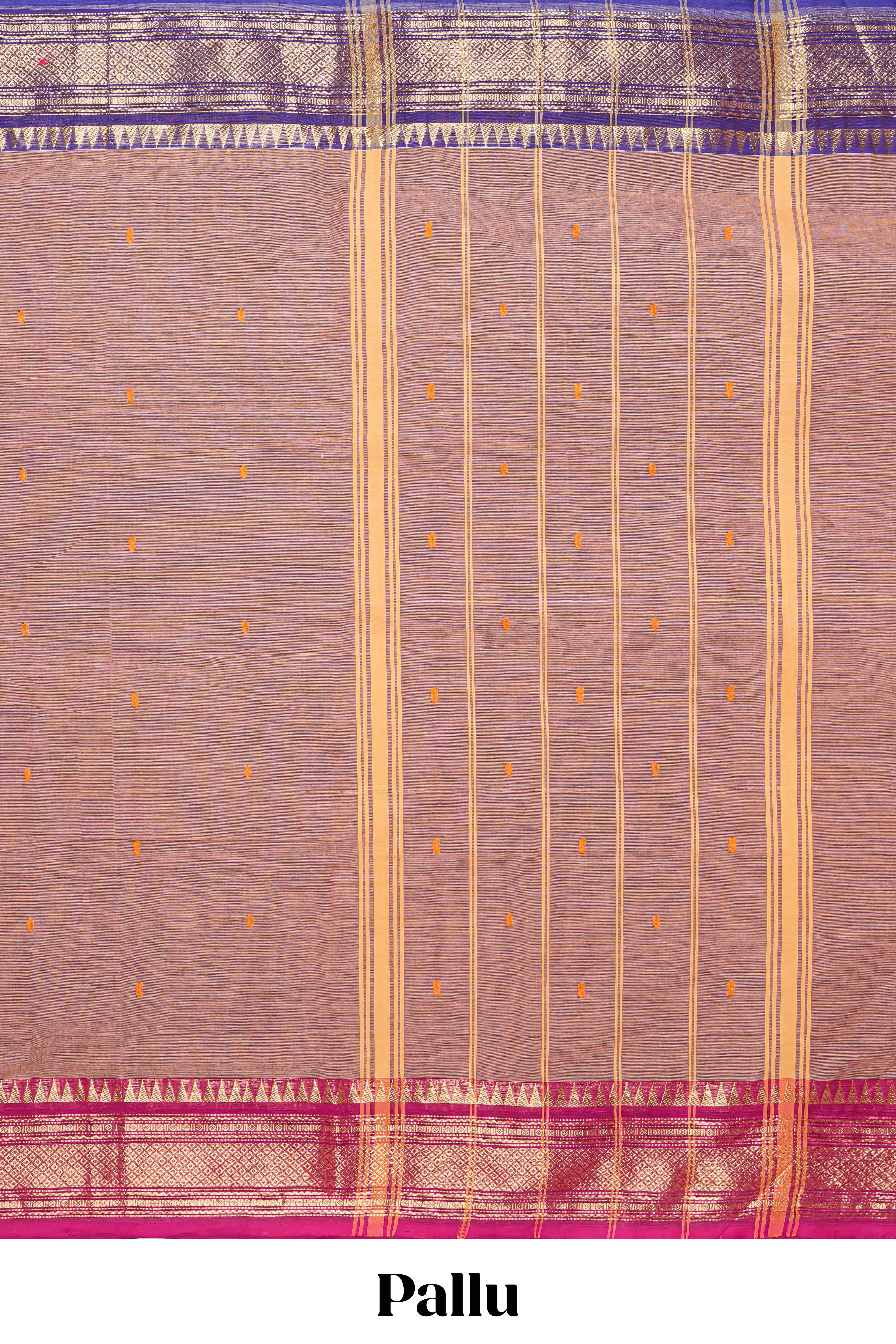 Beige thread motifs chettinad cotton saree with contrast zari border and matching striped pallu