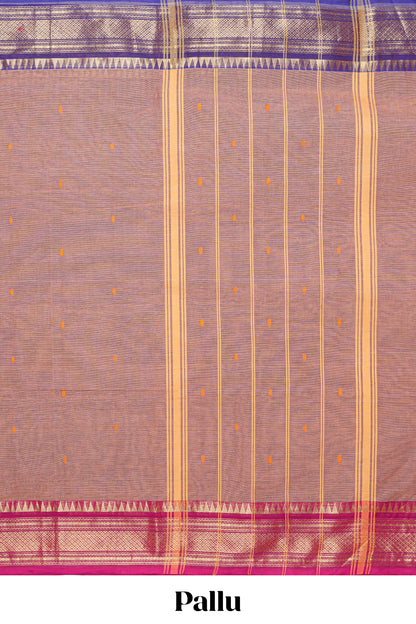 Beige thread motifs chettinad cotton saree with contrast zari border and matching striped pallu