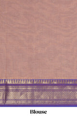 Beige thread motifs chettinad cotton saree with contrast zari border and matching striped pallu