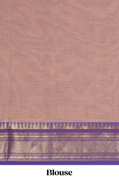 Beige thread motifs chettinad cotton saree with contrast zari border and matching striped pallu