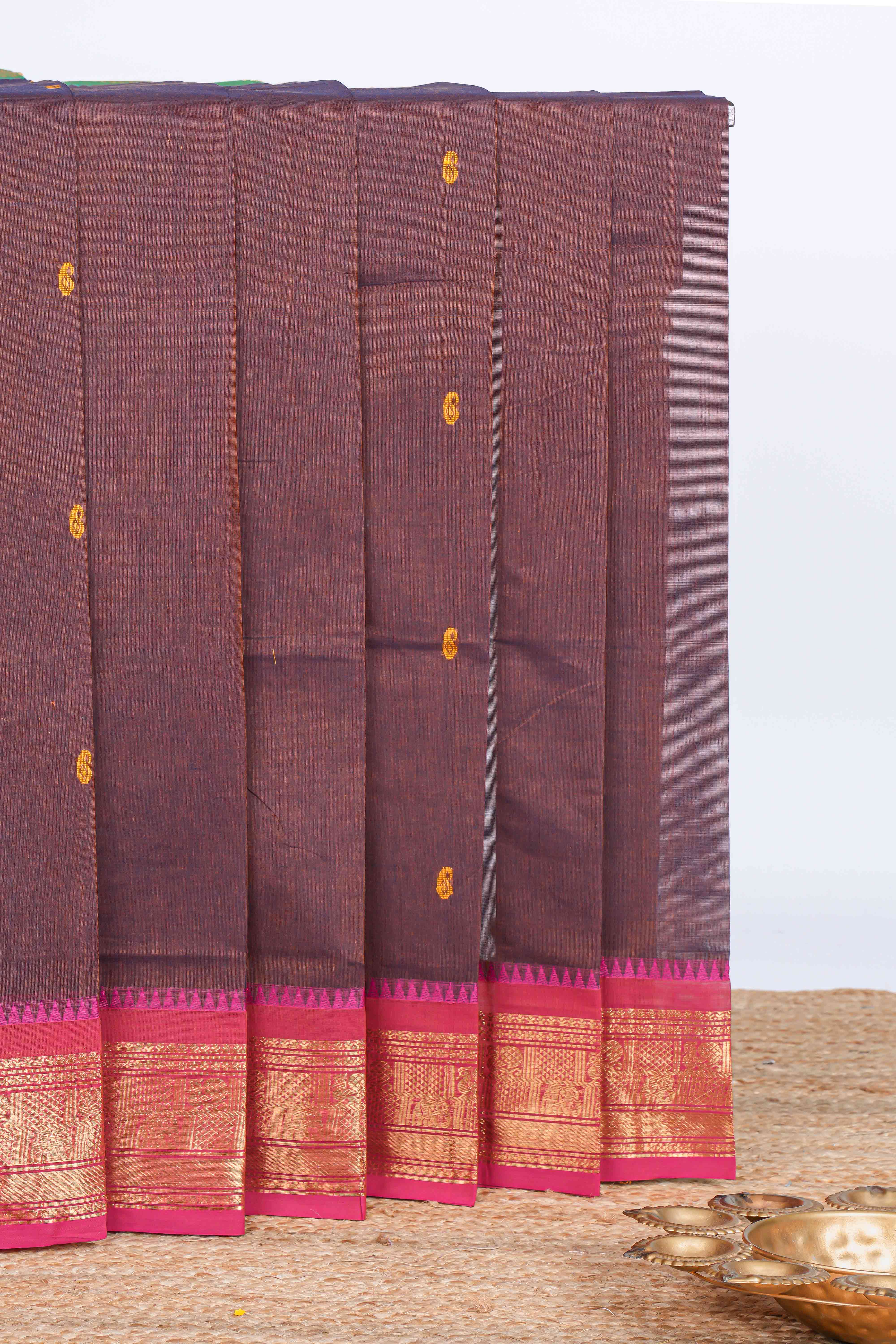 Brown thread motifs chettinad cotton saree with contrast zari border and matching striped pallu