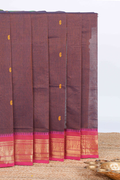 Brown thread motifs chettinad cotton saree with contrast zari border and matching striped pallu