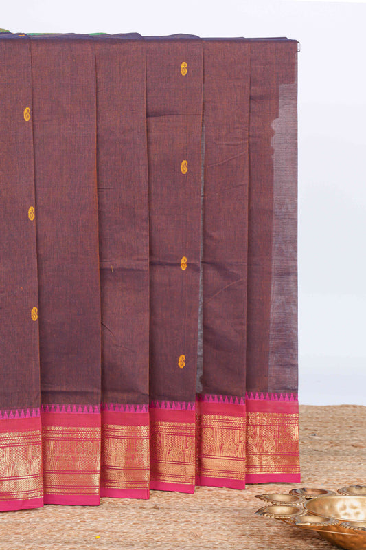 Brown thread motifs chettinad cotton saree with contrast zari border and matching striped pallu