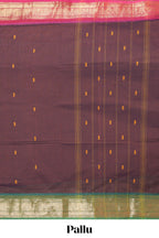 Brown thread motifs chettinad cotton saree with contrast zari border and matching striped pallu