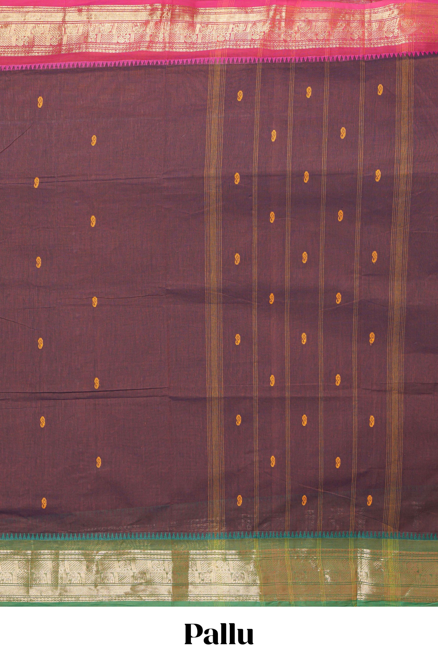 Brown thread motifs chettinad cotton saree with contrast zari border and matching striped pallu