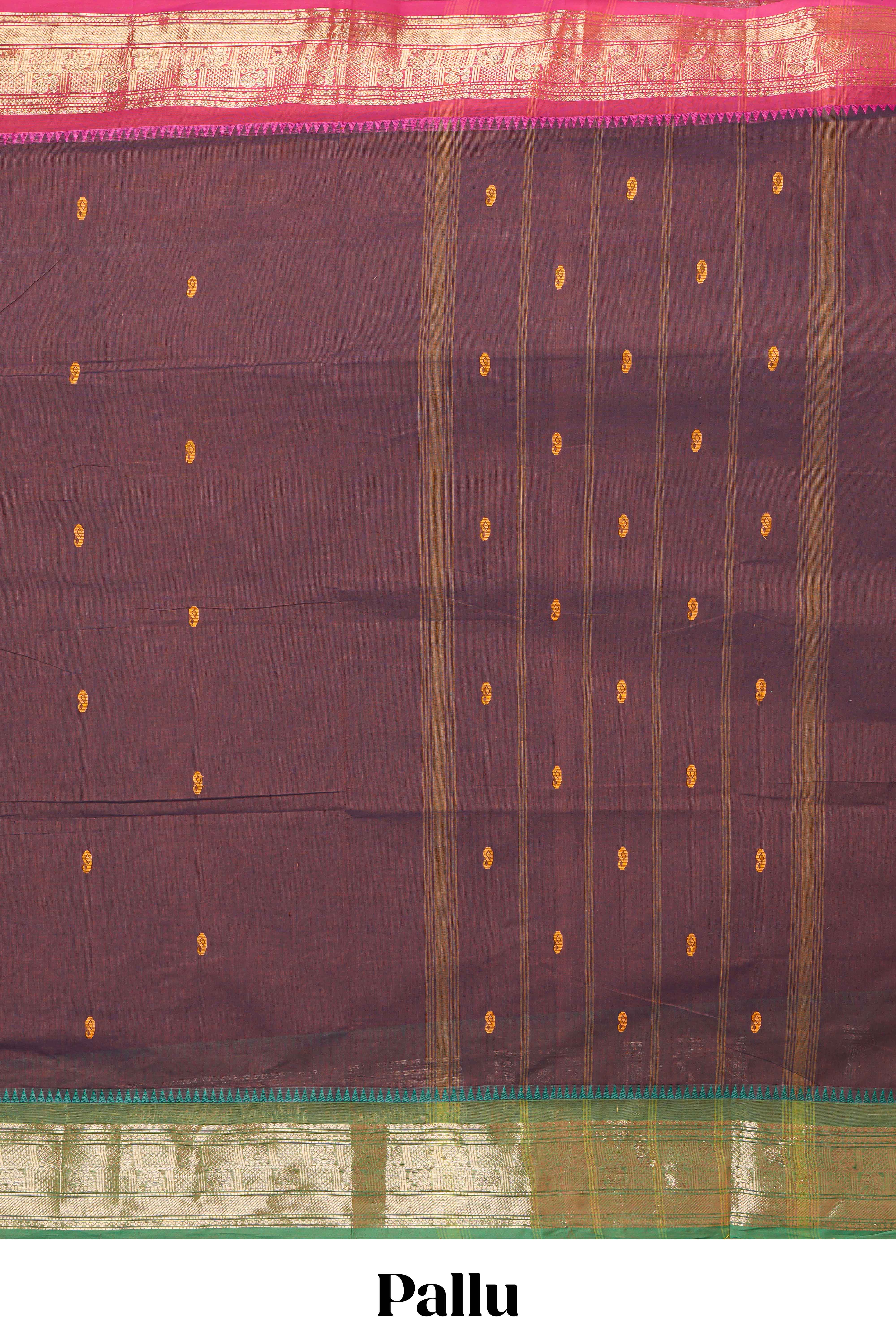 Brown thread motifs chettinad cotton saree with contrast zari border and matching striped pallu