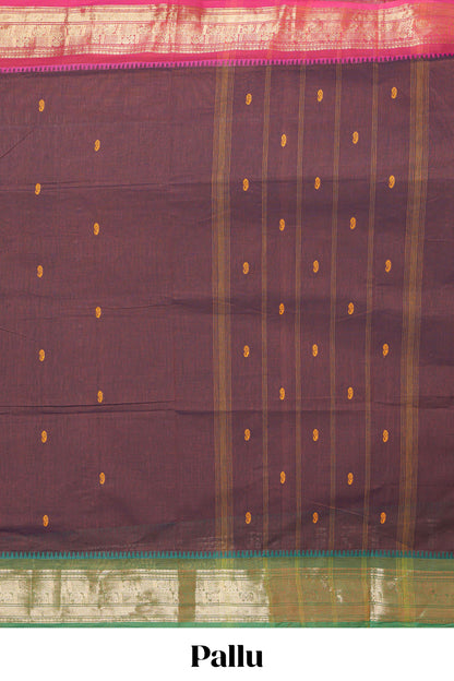 Brown thread motifs chettinad cotton saree with contrast zari border and matching striped pallu