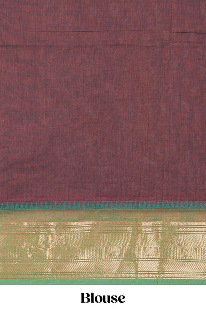Brown thread motifs chettinad cotton saree with contrast zari border and matching striped pallu