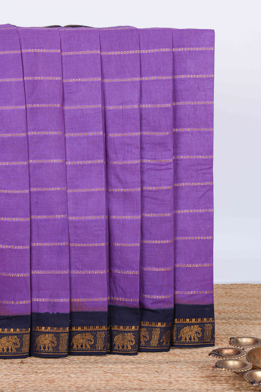 Violet zari striped sungudi cotton saree with contrast elephant border and pallu