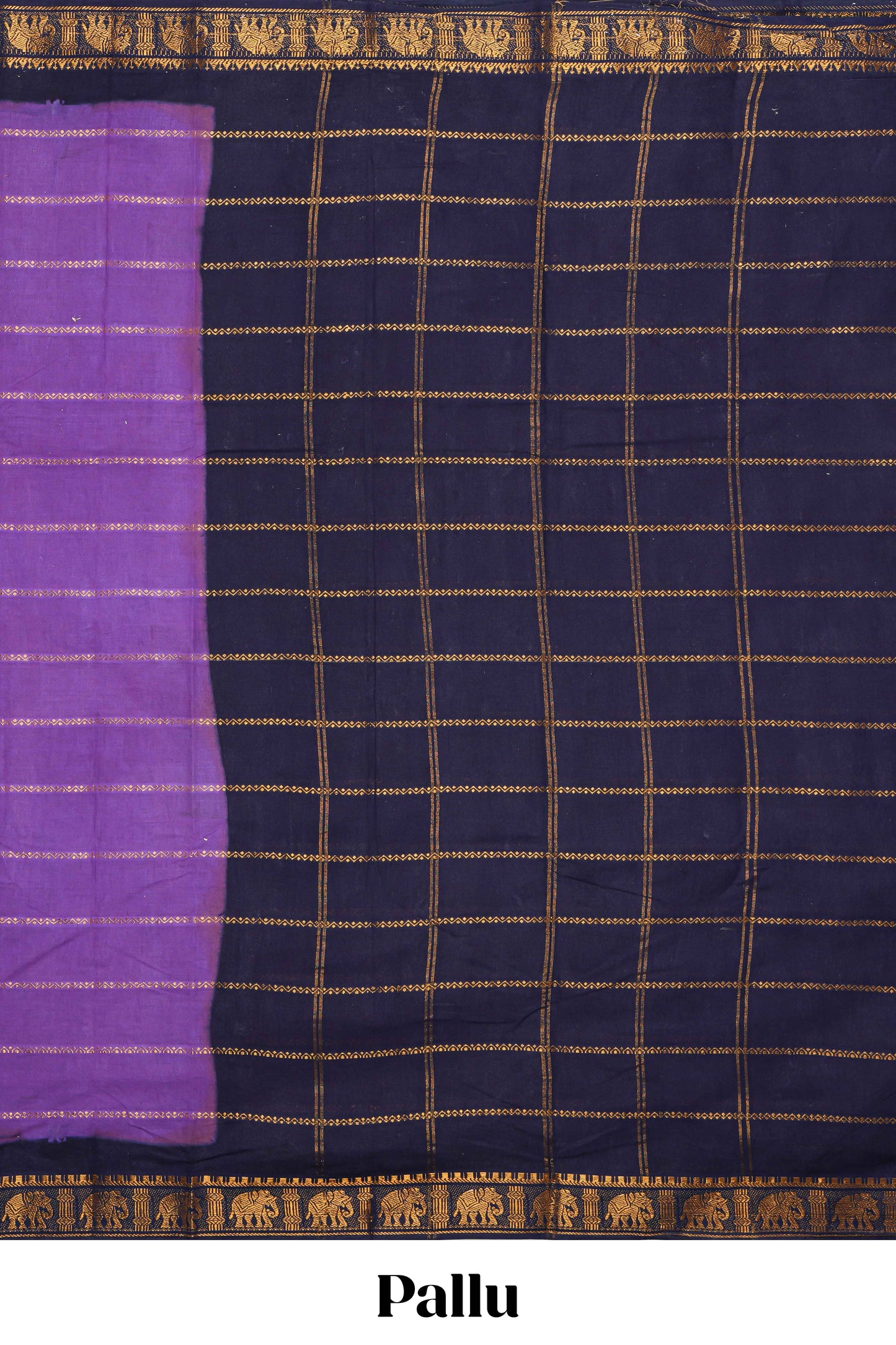 Violet zari striped sungudi cotton saree with contrast elephant border and pallu