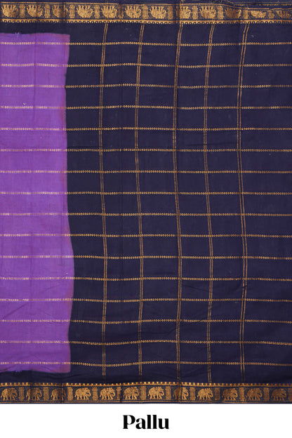 Violet zari striped sungudi cotton saree with contrast elephant border and pallu