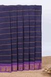 Dark blue zari striped sungudi cotton saree with contrast bird design zari border and pallu
