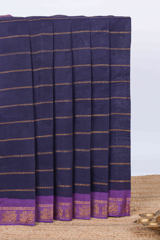 Dark blue zari striped sungudi cotton saree with contrast bird design zari border and pallu