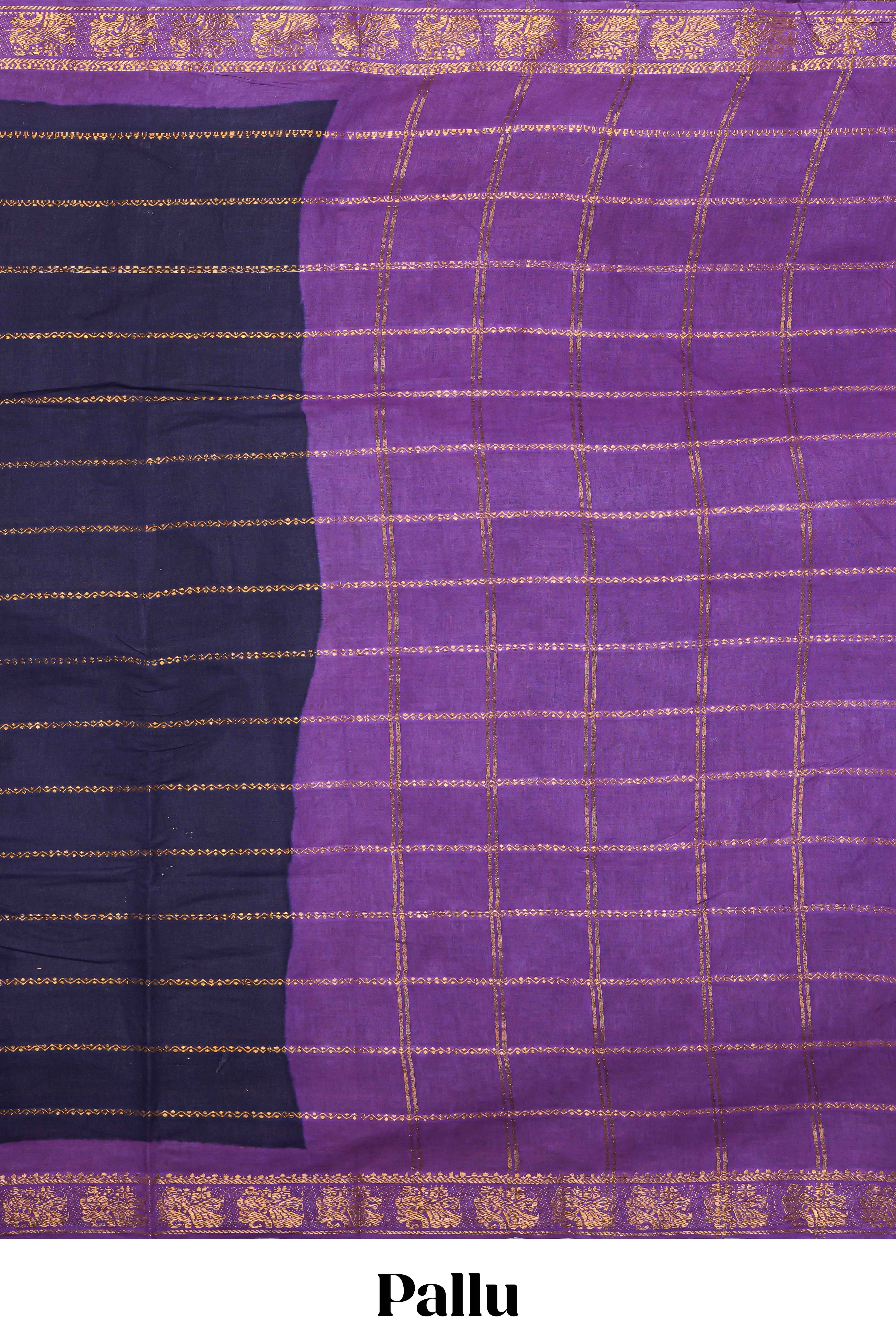 Dark blue zari striped sungudi cotton saree with contrast bird design zari border and pallu