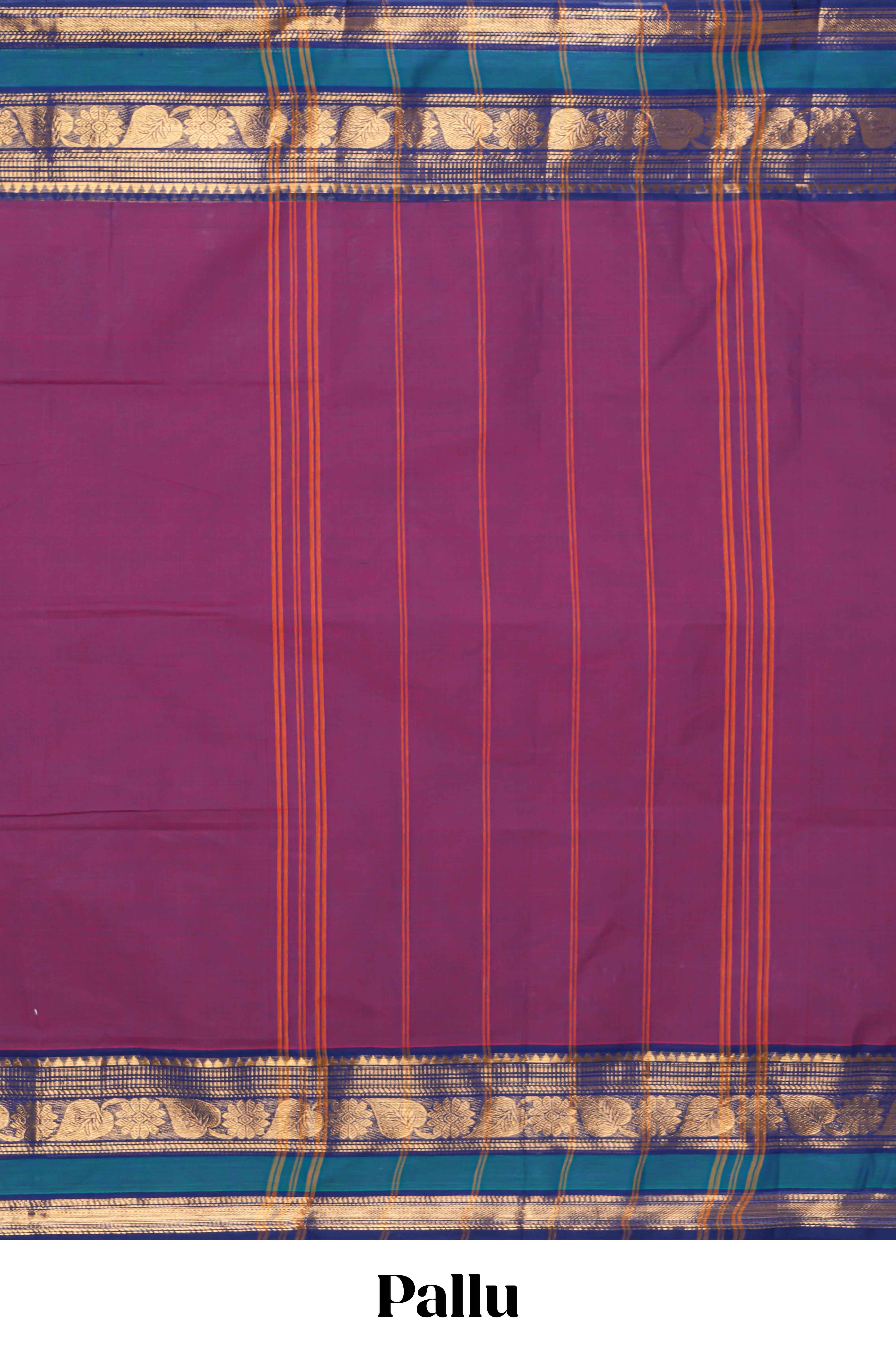Purple plain chettinad cotton saree with contrast zari border and matching pallu