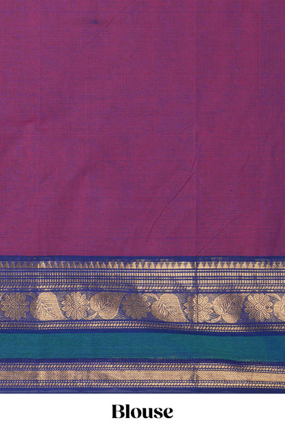 Purple plain chettinad cotton saree with contrast zari border and matching pallu
