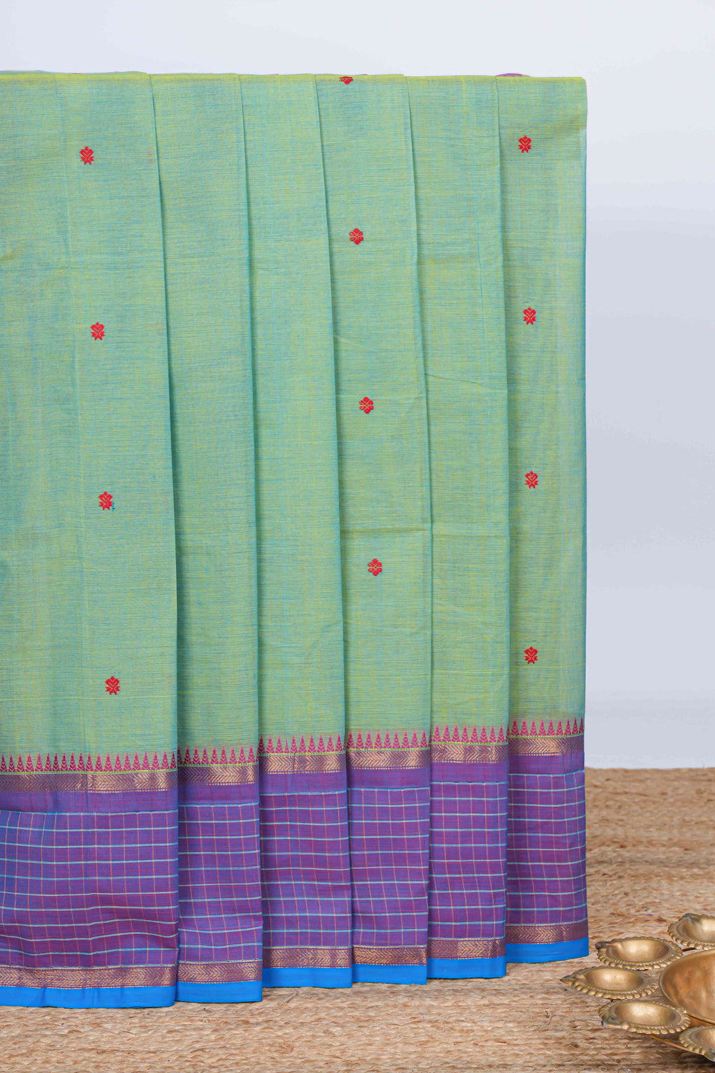 Green thread motifs chettinad cotton saree with contrast zari border and matching pallu