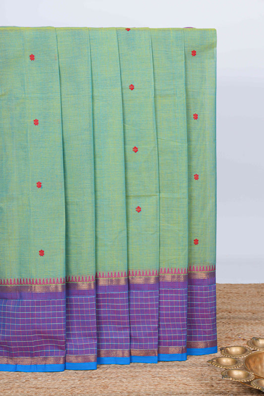 Green thread motifs chettinad cotton saree with contrast zari border and matching pallu