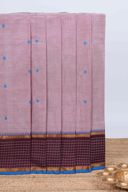 Light onion pink thread motifs chettinad cotton saree with contrast zari border and matching pallu