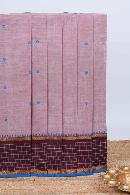 Light onion pink thread motifs chettinad cotton saree with contrast zari border and matching pallu
