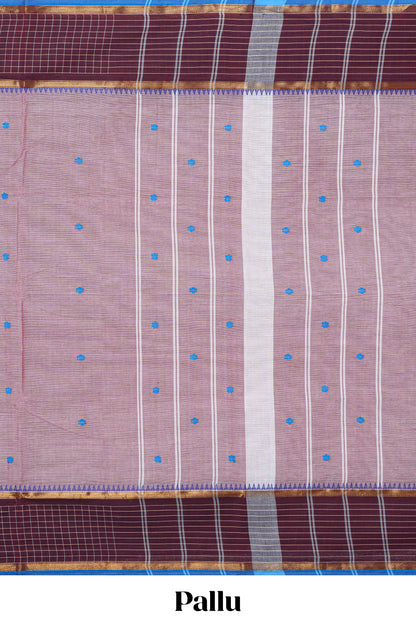 Light onion pink thread motifs chettinad cotton saree with contrast zari border and matching pallu