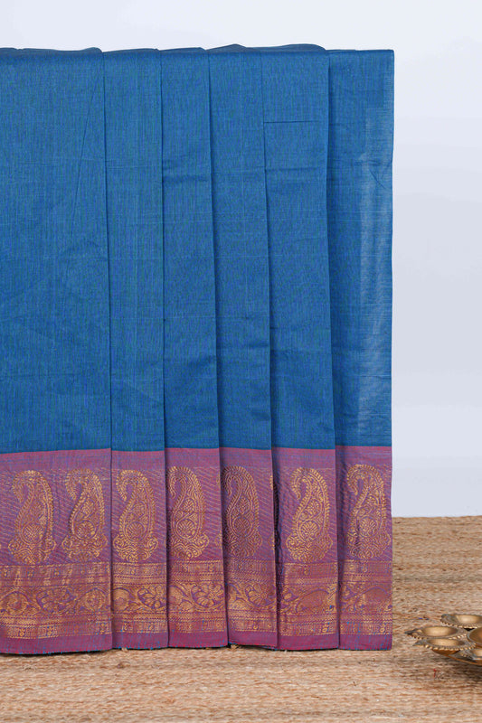 Blue plain chettinad cotton saree with contrast zari border and matching blouse