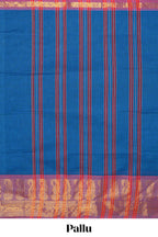 Blue plain chettinad cotton saree with contrast zari border and matching blouse