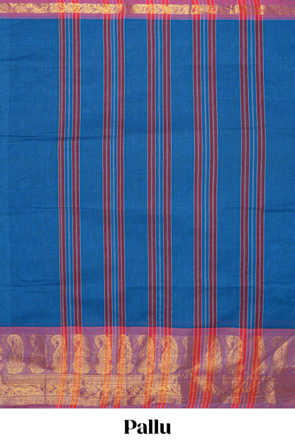 Blue plain chettinad cotton saree with contrast zari border and matching blouse