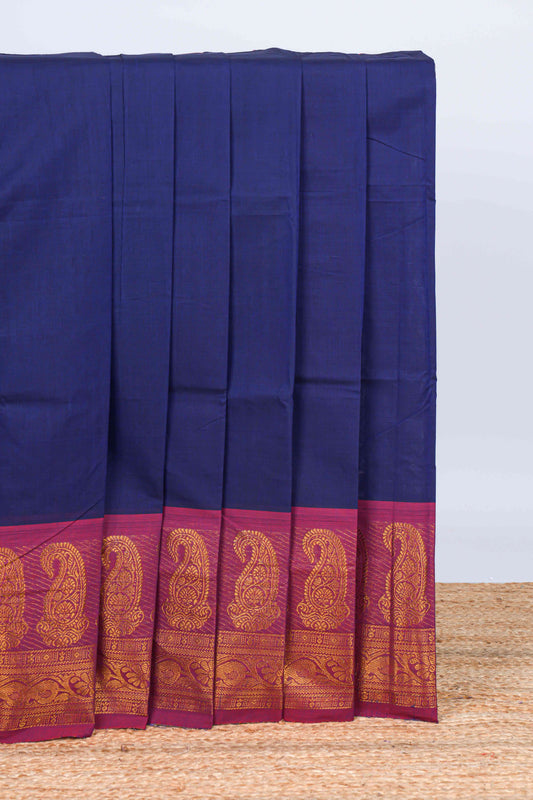 Dark blue plain chettinad cotton saree with contrast zari border and matching blouse