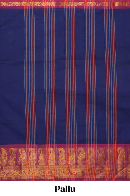 Dark blue plain chettinad cotton saree with contrast zari border and matching blouse