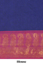Dark blue plain chettinad cotton saree with contrast zari border and matching blouse
