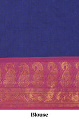 Dark blue plain chettinad cotton saree with contrast zari border and matching blouse