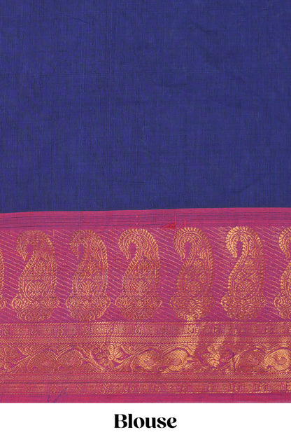 Dark blue plain chettinad cotton saree with contrast zari border and matching blouse