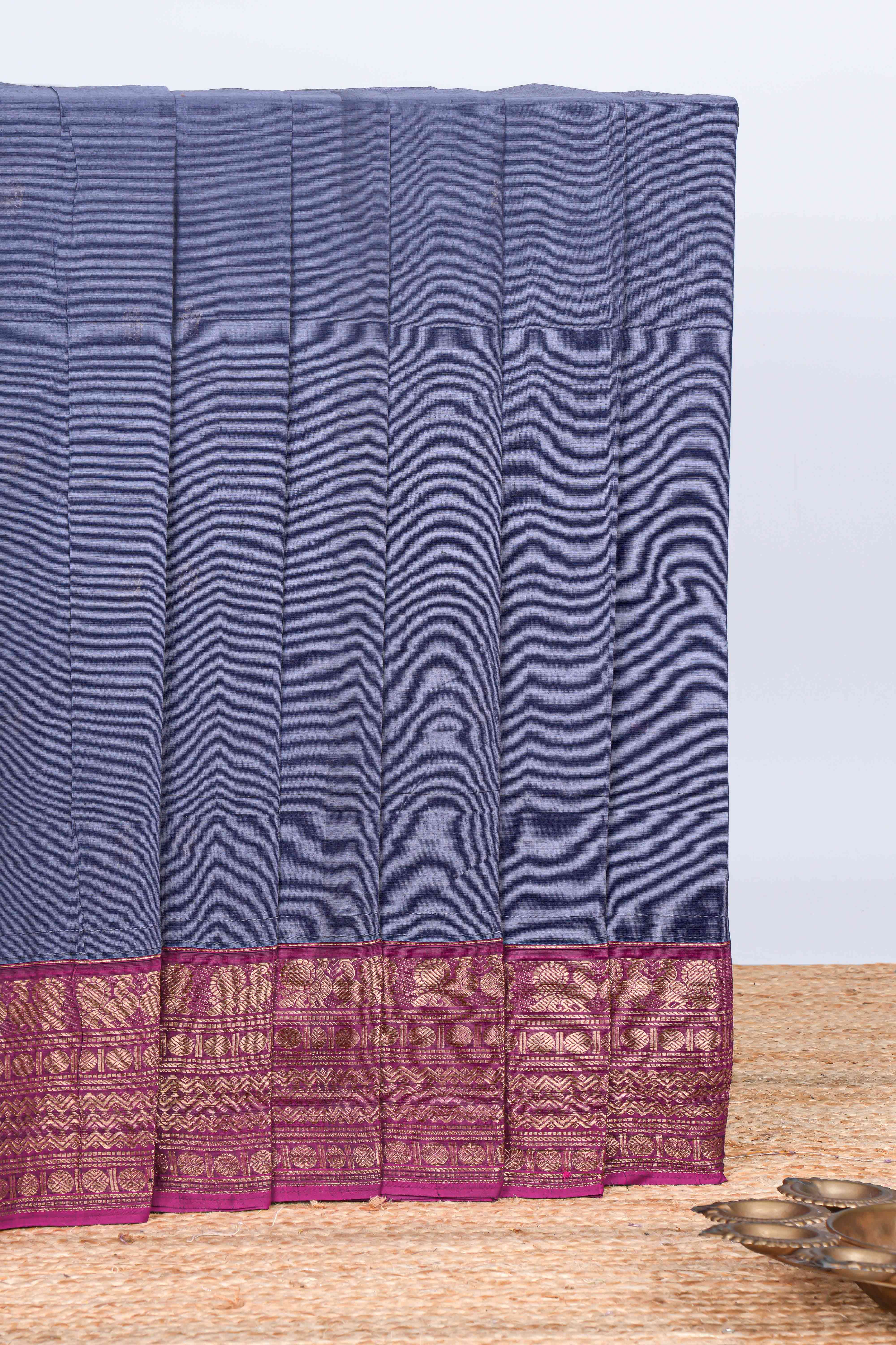 Blue plain chettinad cotton saree with contrast zari border and matching blouse