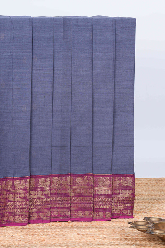 Blue plain chettinad cotton saree with contrast zari border and matching blouse