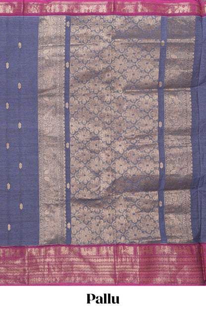 Blue plain chettinad cotton saree with contrast zari border and matching blouse