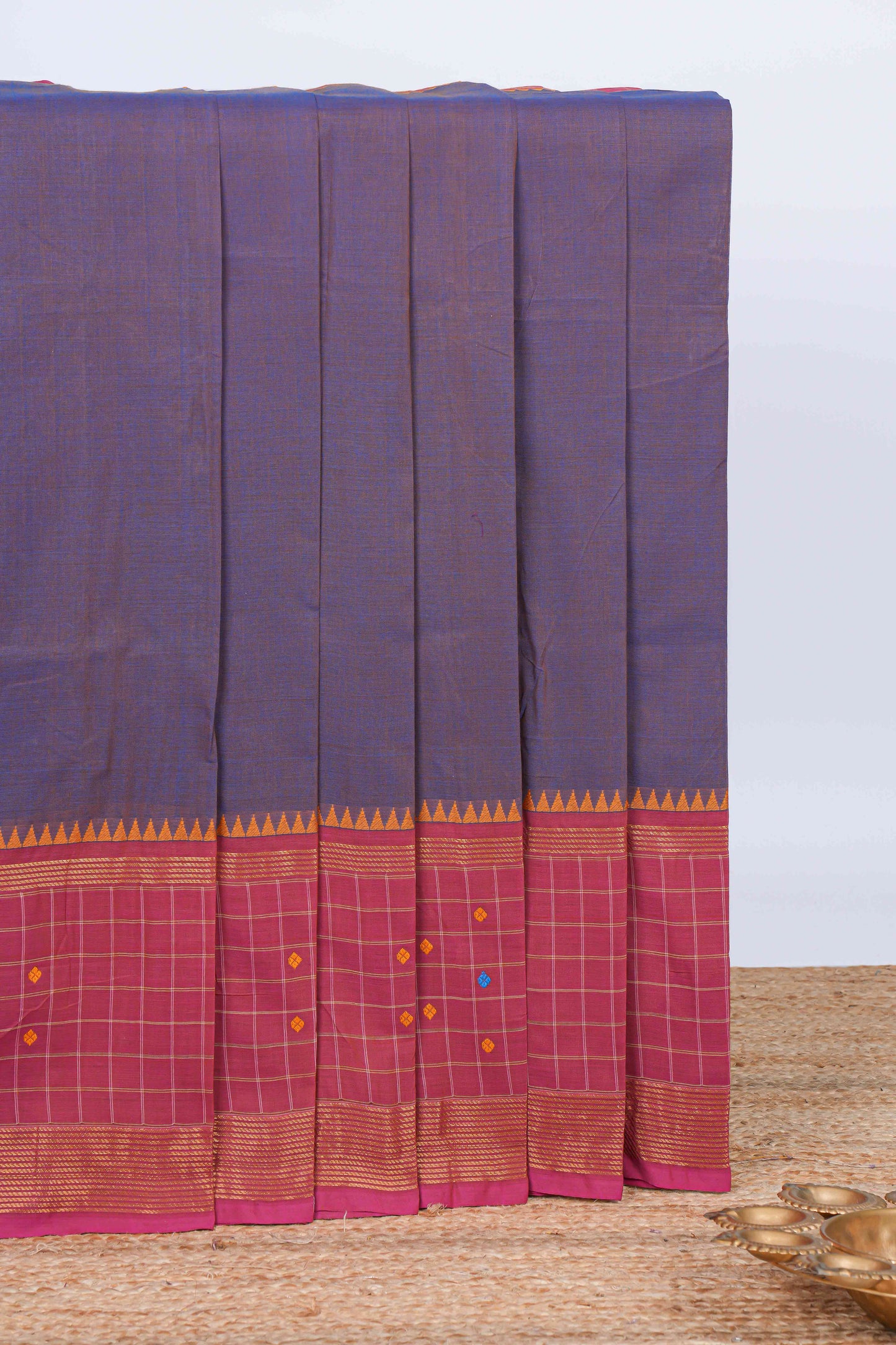 Dual shade blue with violet plain chettinad cotton saree with contrast zari border and matching striped pallu