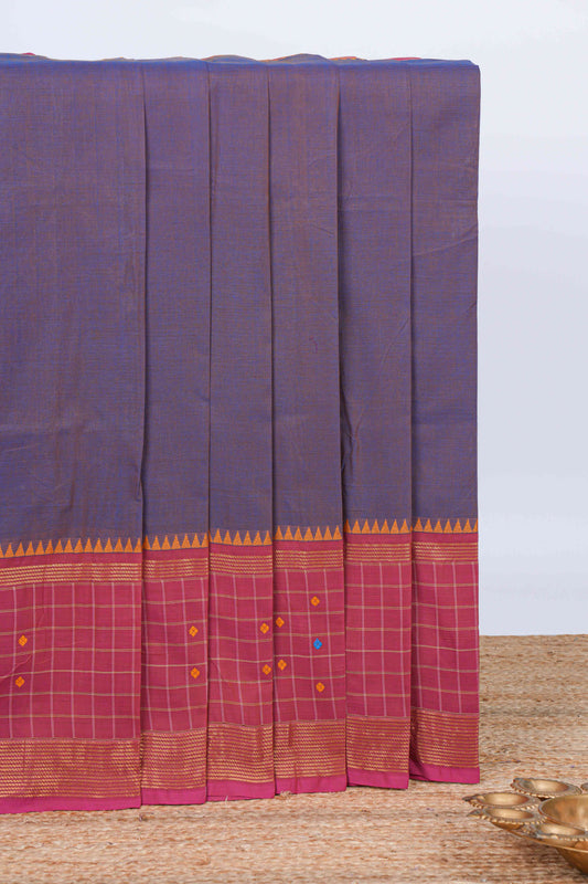 Dual shade blue with violet plain chettinad cotton saree with contrast zari border and matching striped pallu