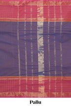 Dual shade blue with violet plain chettinad cotton saree with contrast zari border and matching striped pallu