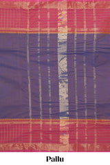 Dual shade blue with violet plain chettinad cotton saree with contrast zari border and matching striped pallu