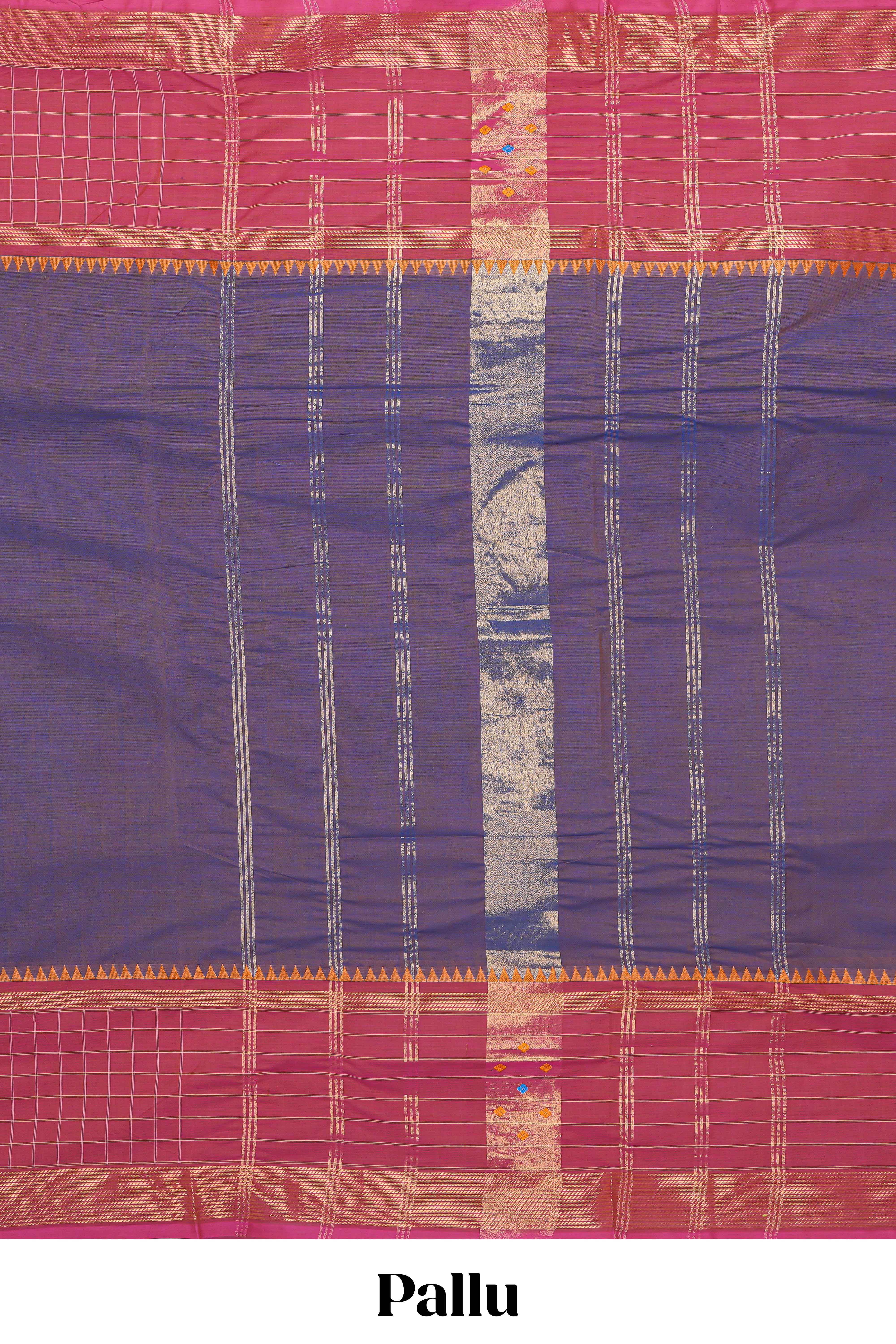 Dual shade blue with violet plain chettinad cotton saree with contrast zari border and matching striped pallu