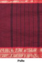 Maroon plain chettinad cotton saree with contrast zari border and matching striped pallu