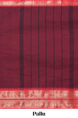 Maroon plain chettinad cotton saree with contrast zari border and matching striped pallu
