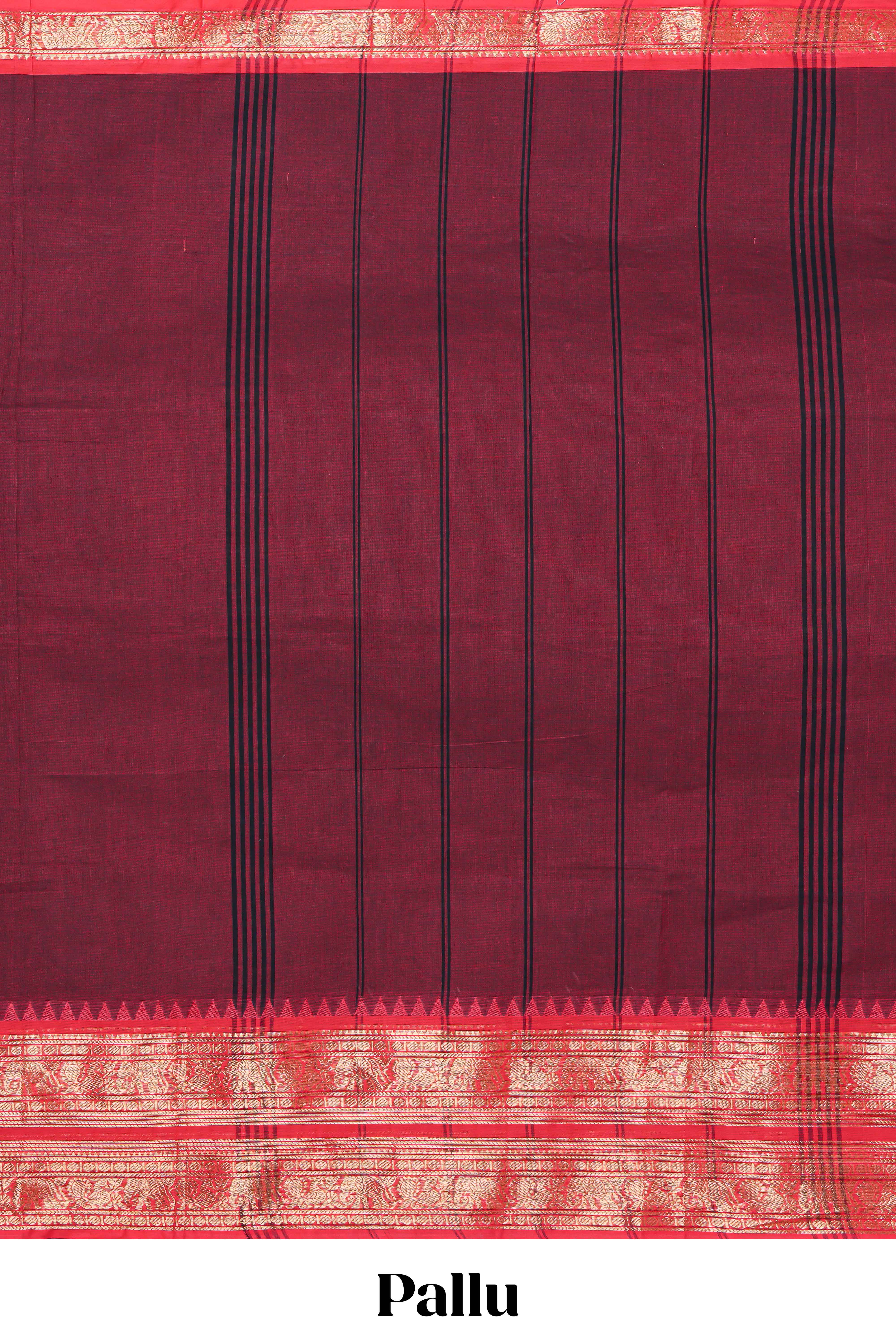 Maroon plain chettinad cotton saree with contrast zari border and matching striped pallu