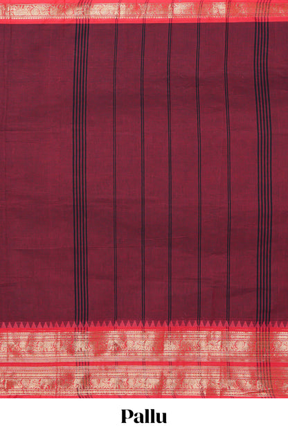 Maroon plain chettinad cotton saree with contrast zari border and matching striped pallu