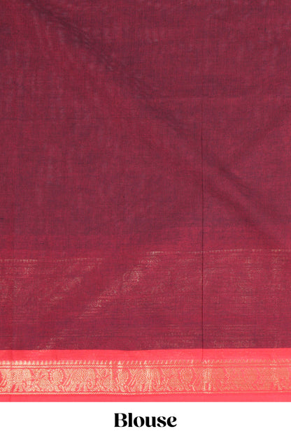 Maroon plain chettinad cotton saree with contrast zari border and matching striped pallu