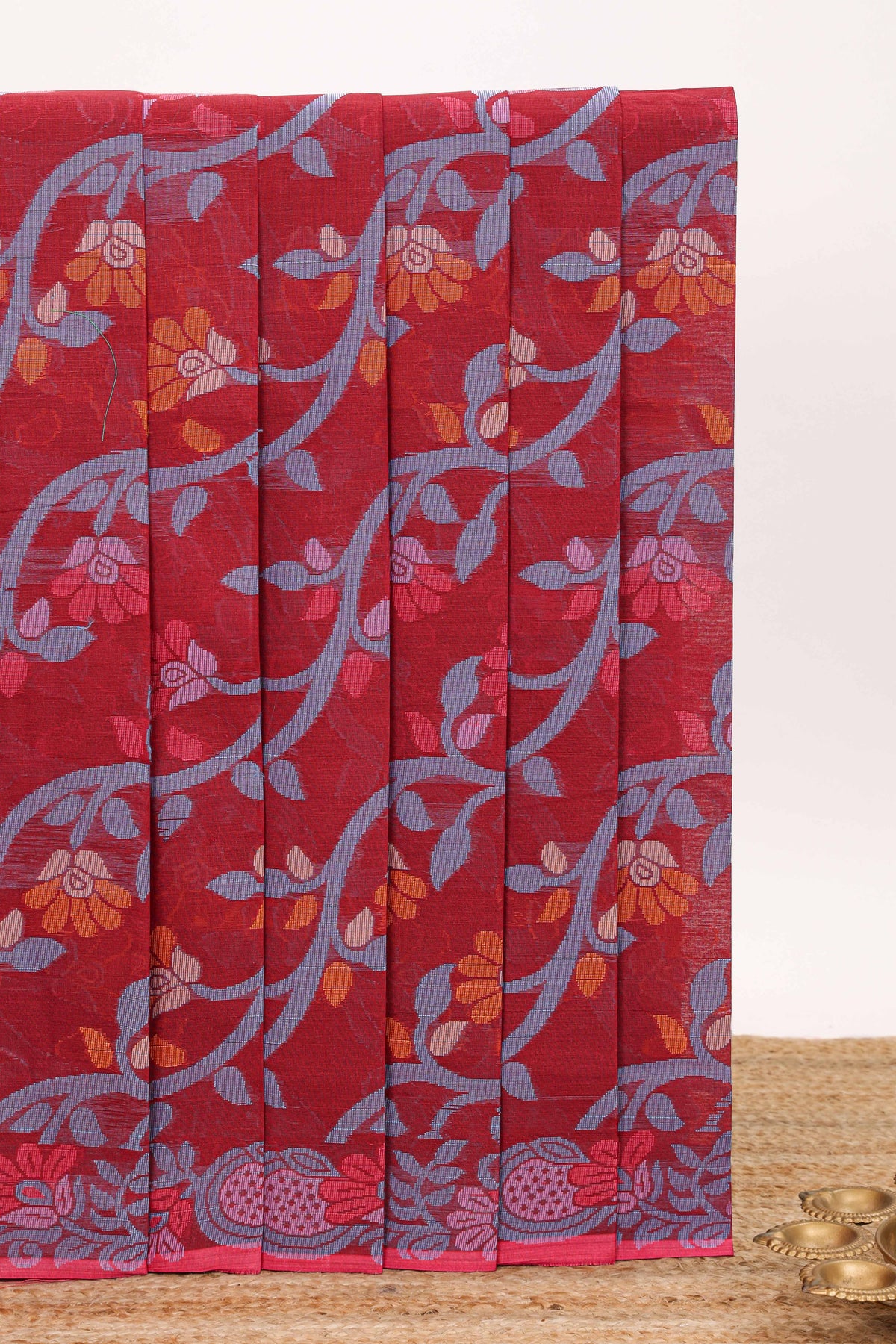 Maroon floral vine design chettinad cotton saree with self design border and matching pallu