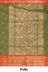 Olive green butta chettinad cotton saree with contrast zari border and matching blouse