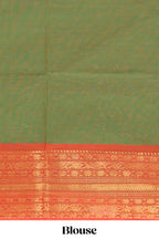 Olive green butta chettinad cotton saree with contrast zari border and matching blouse