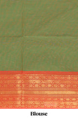 Olive green butta chettinad cotton saree with contrast zari border and matching blouse